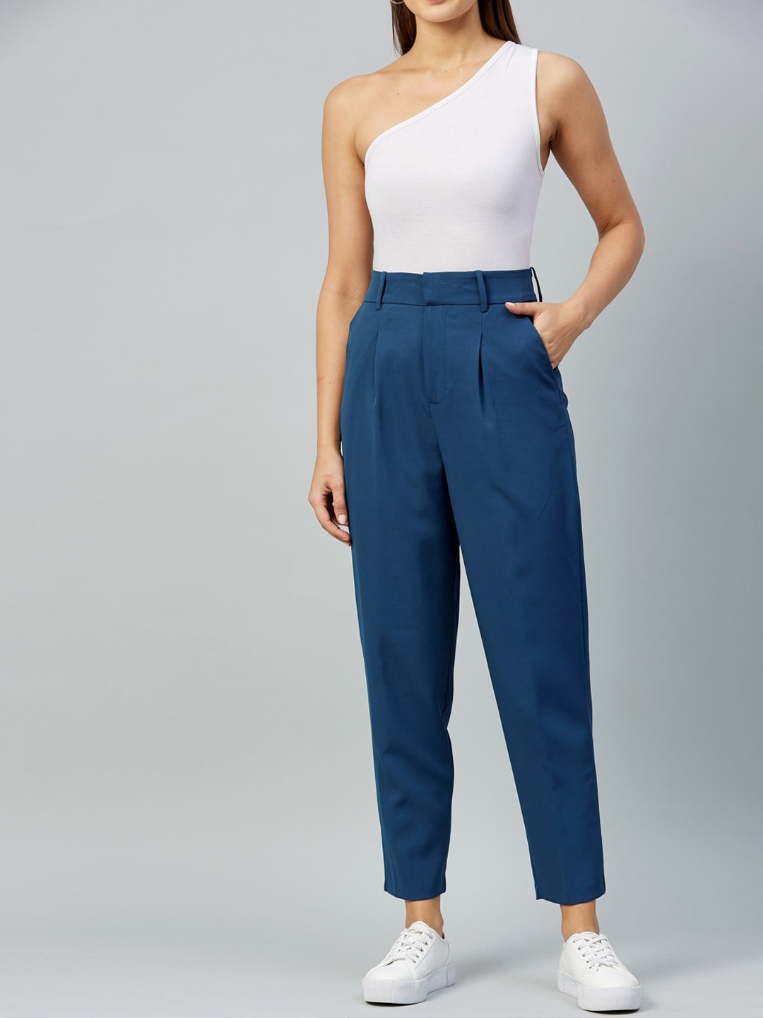 

DELAN Women Turquoise Blue Relaxed High-Rise Easy Wash Pleated Trousers