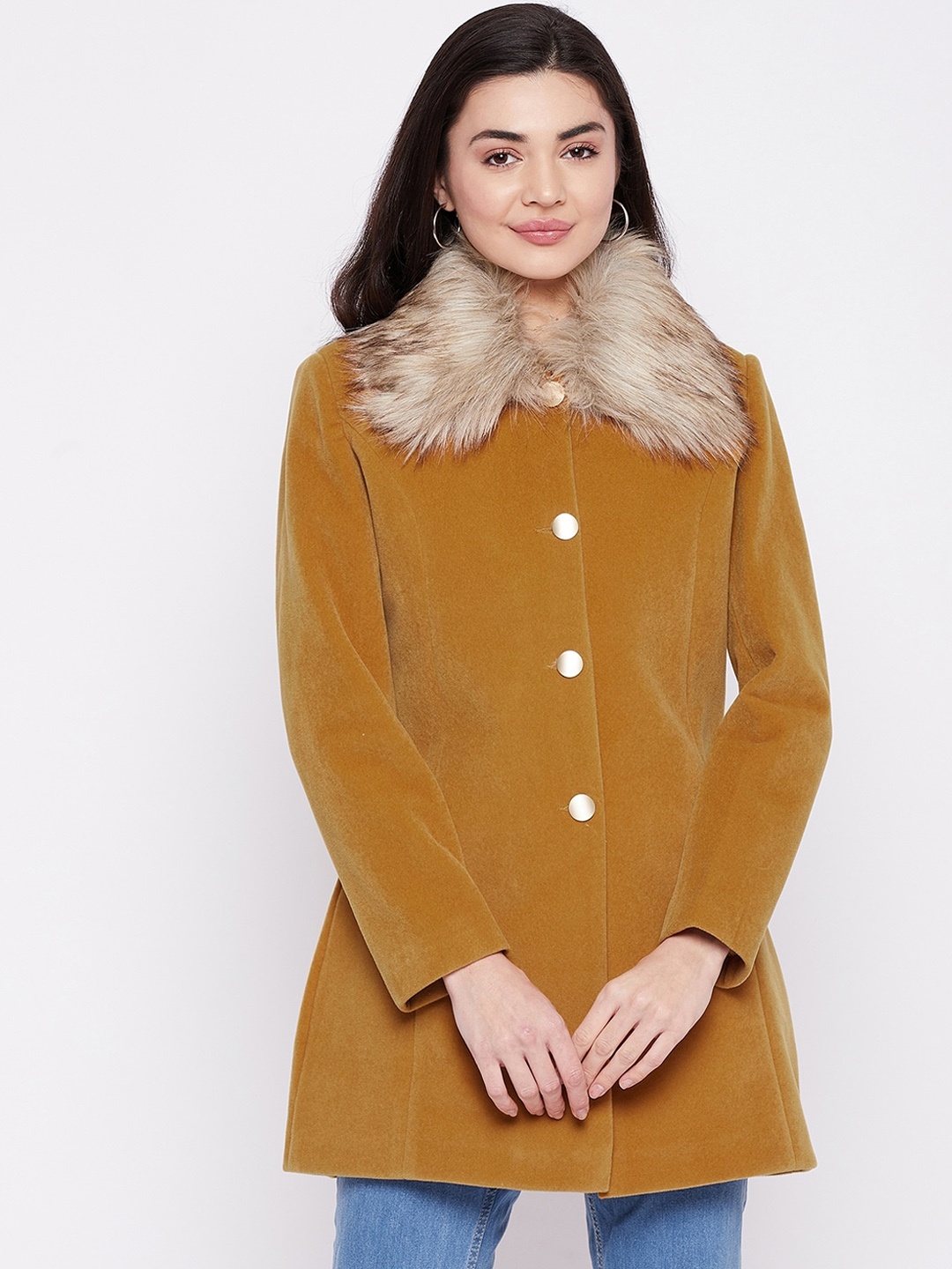 

Okane Women Tan Brown Solid Faux Fur Trim Woolen Trench Coat