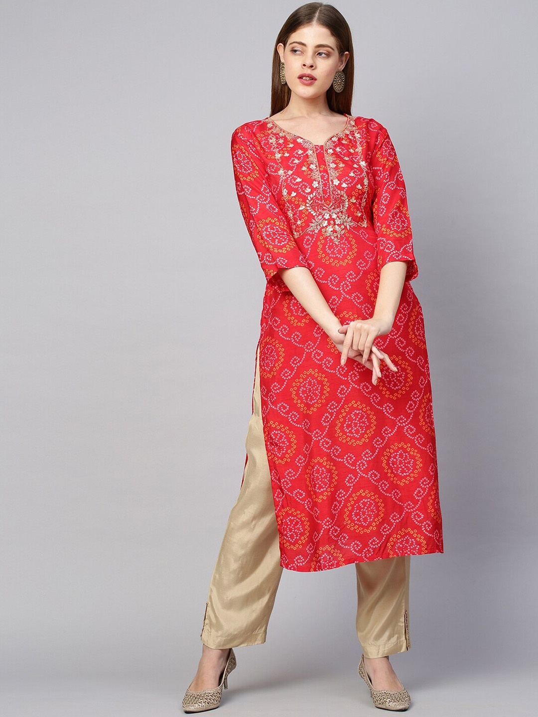 

FASHOR Women Red Bandhani Printed Thread Work Kurta