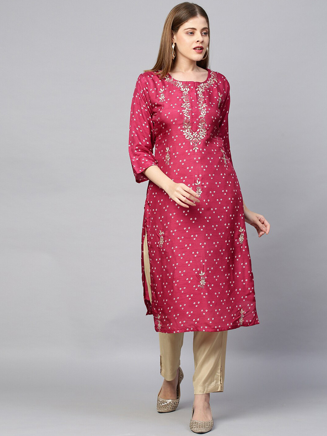 

FASHOR Women Pink & White Ethnic Motifs Printed Thread Work Kurta