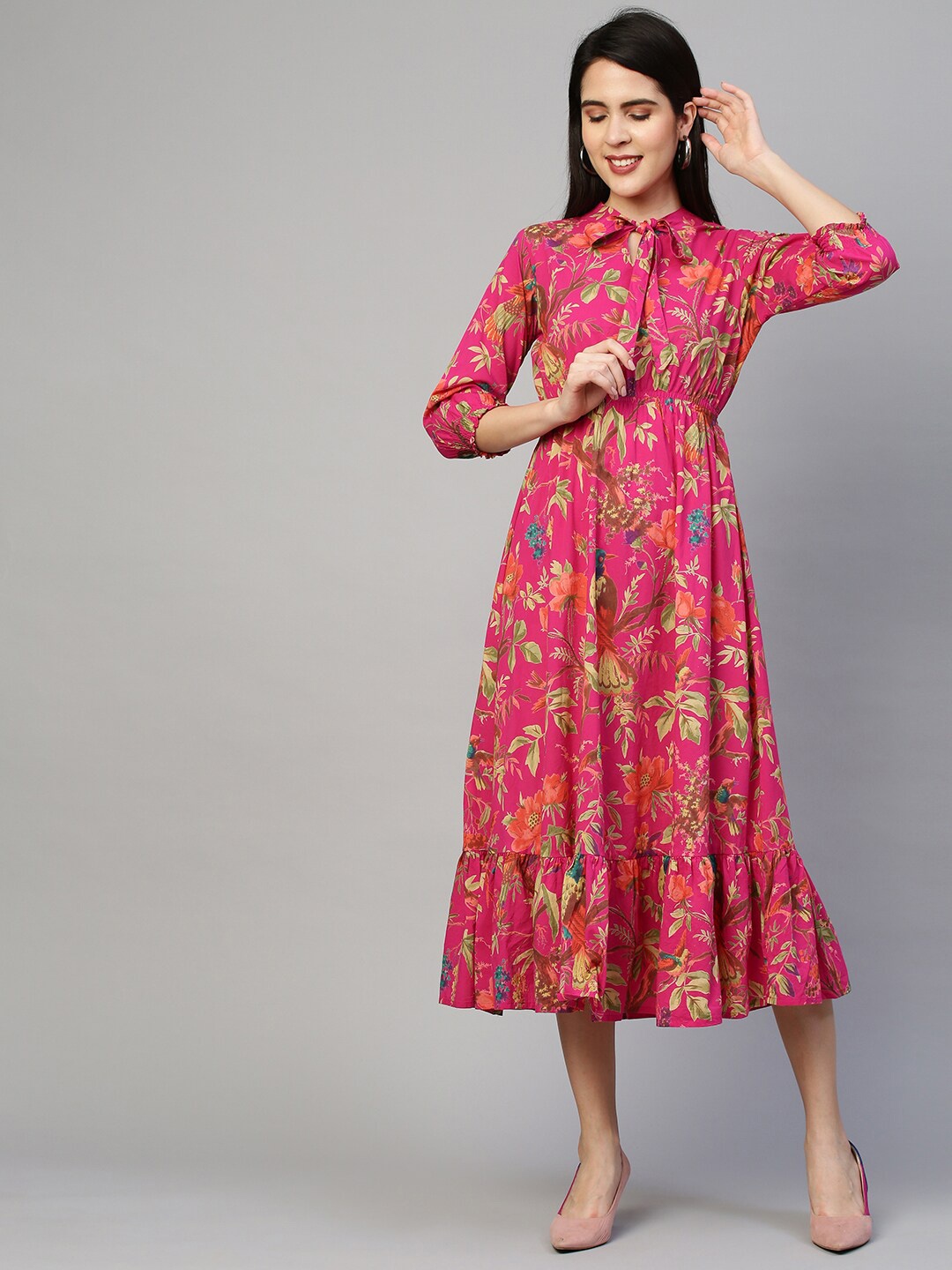 

FASHOR Pink Floral Tie-Up Neck A-Line Midi Dress