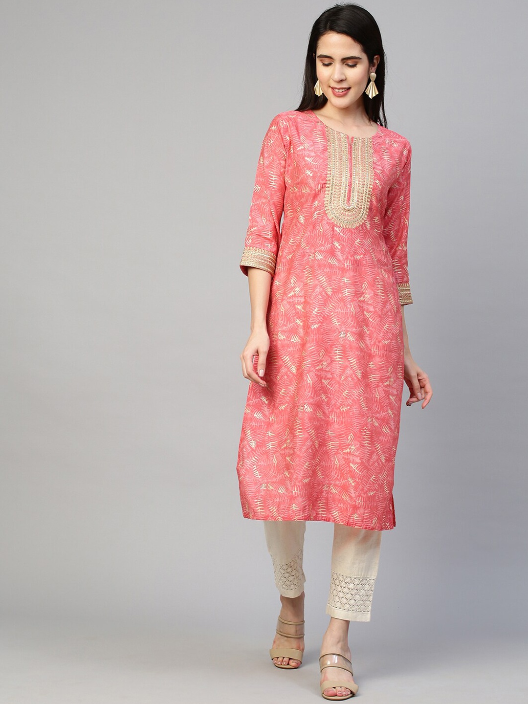 

FASHOR Women Peach-Coloured Ethnic Motifs Printed & Embroidered Kurta