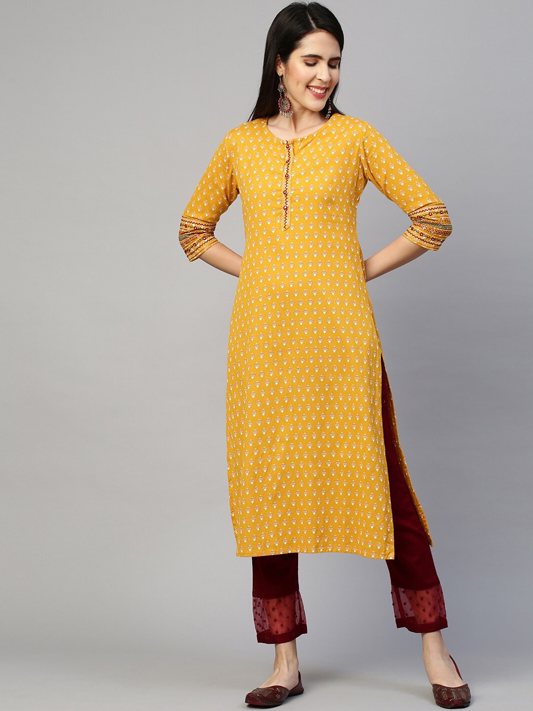 

FASHOR Women Mustard Yellow & White Ethnic Motifs Printed Kurta