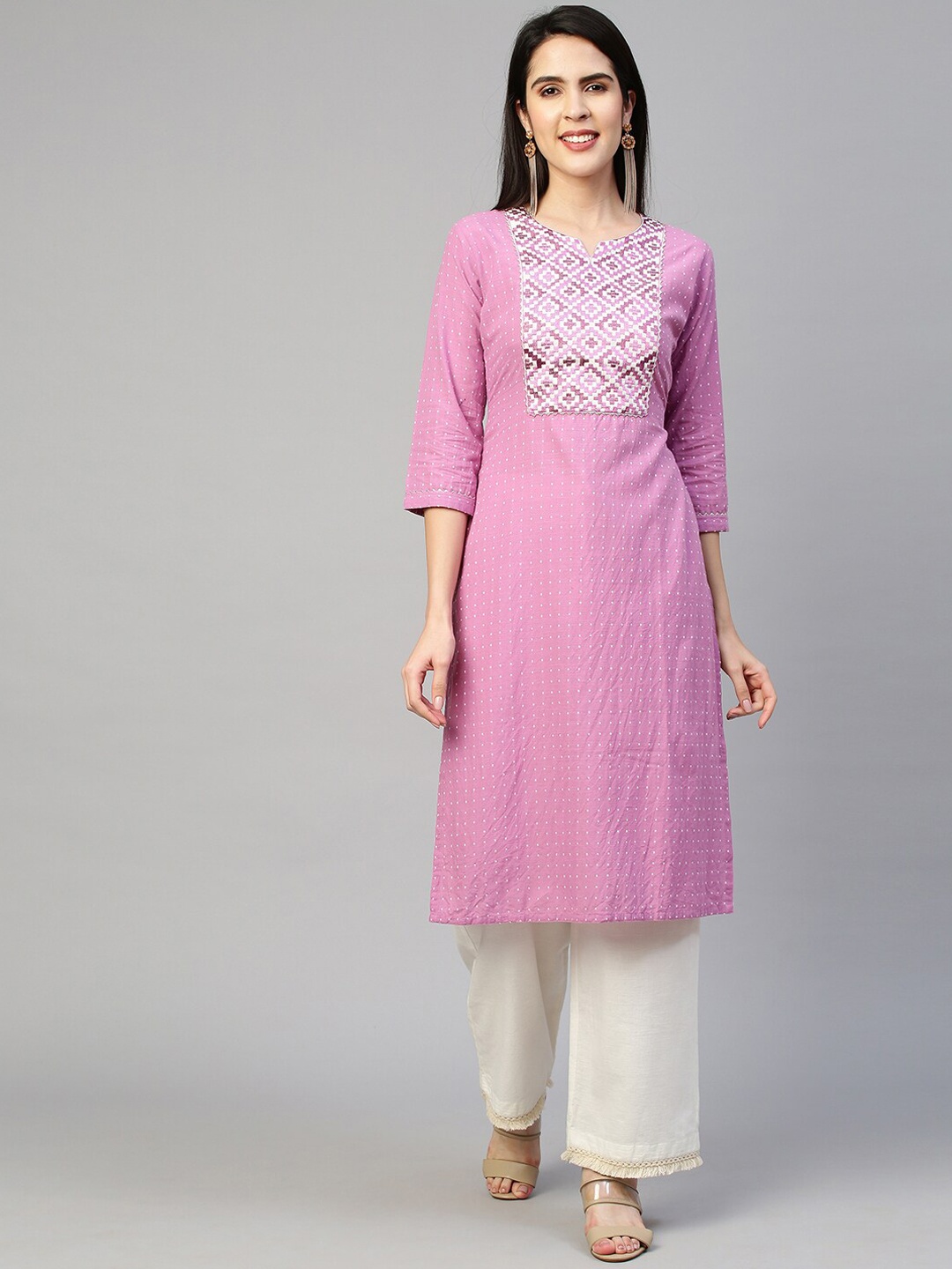 

FASHOR Women Purple & White Geometric Patola Round Neck Cotton Straight Kurta