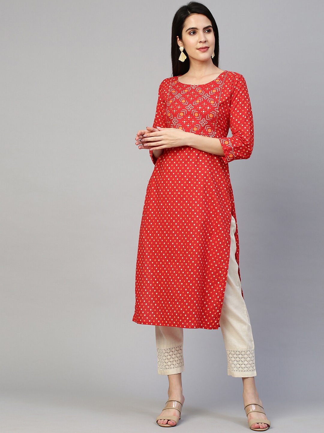 

FASHOR Women Red Ethnic Motifs Printed Gotta Patti Kurta