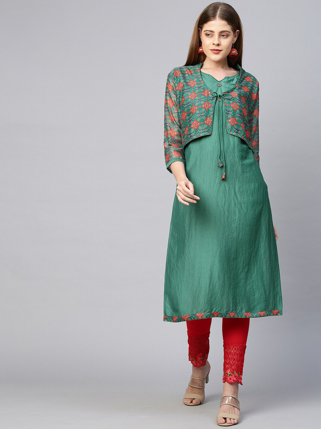 

FASHOR Women Green & Red Chanderi Silk Kurta