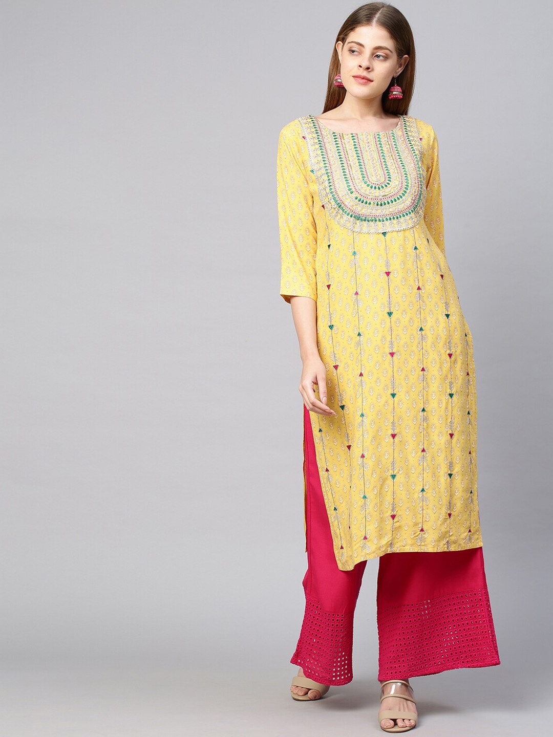 

FASHOR Women Yellow Ethnic Motifs Embroidered & Printed Kurta