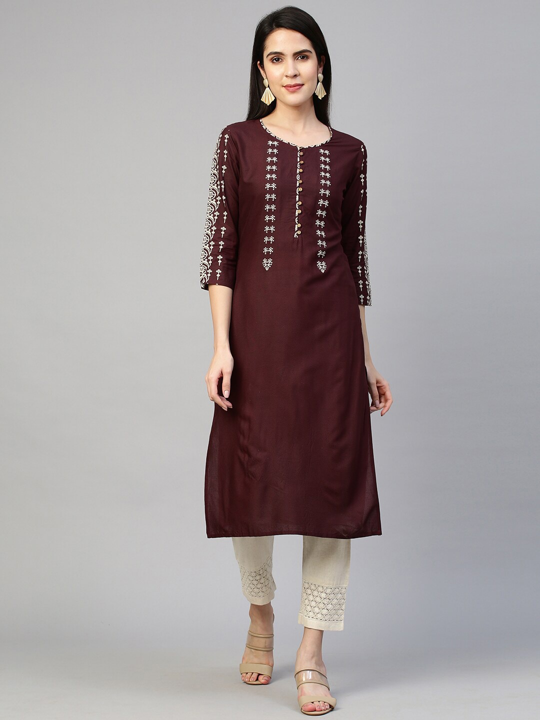 

FASHOR Women Maroon Khari Print Yoke Design Embroidered Kurta