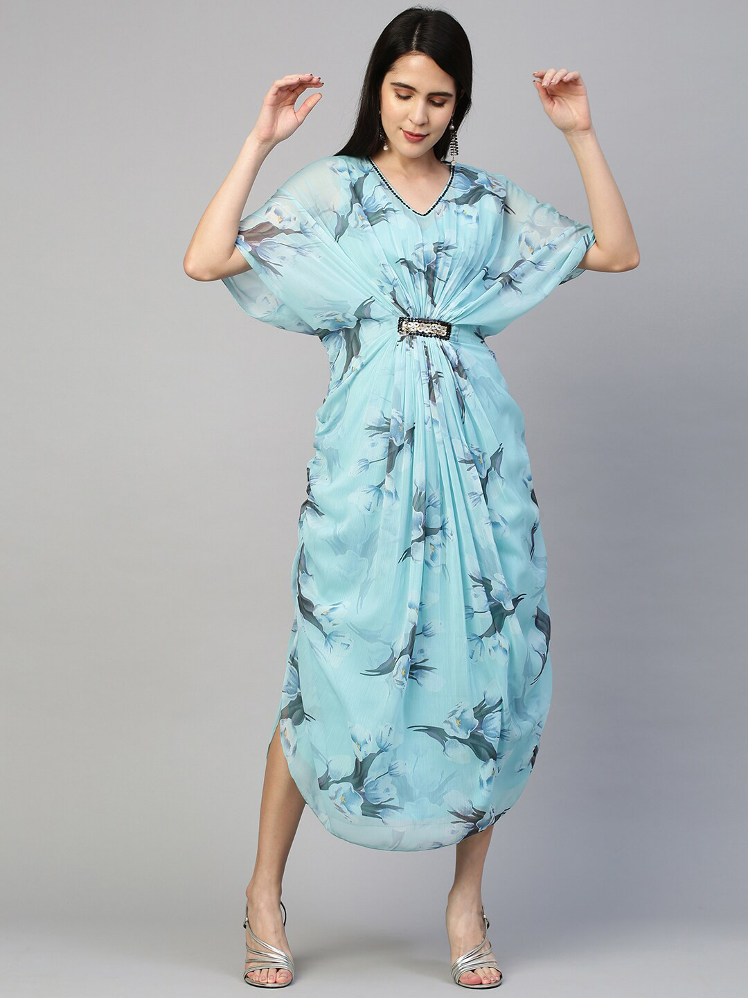 

FASHOR Blue Floral Printed Chiffon A-Line Midi Dress
