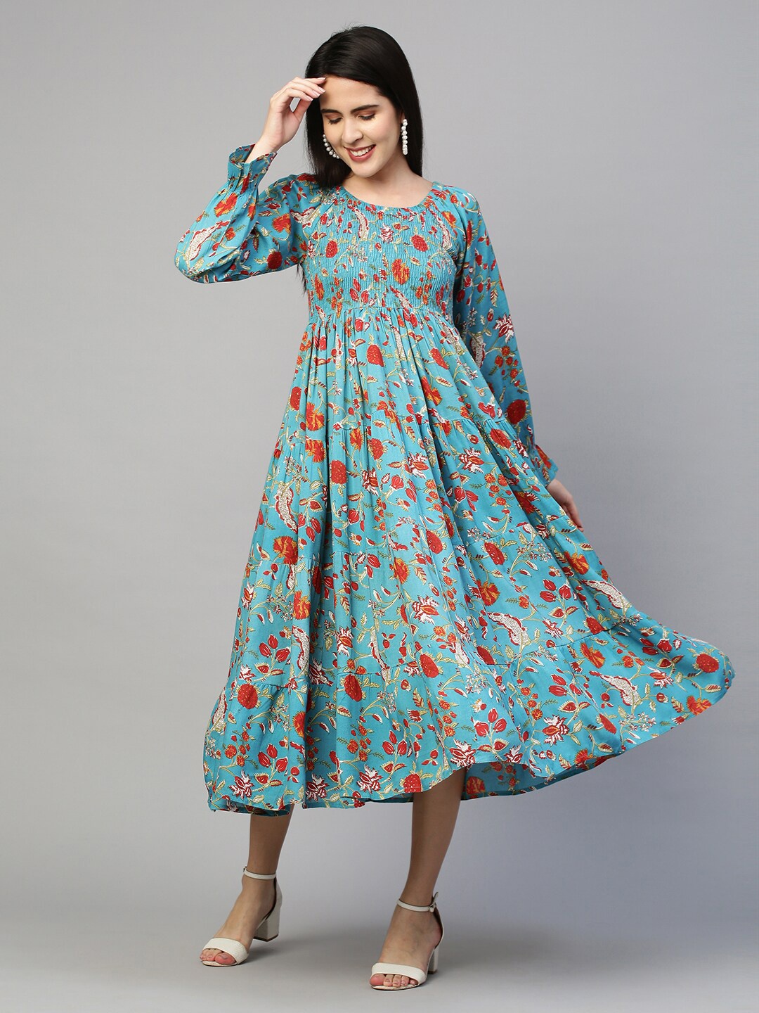 

FASHOR Turquoise Blue & Red Floral Tiered Smocked A-Line Midi Dress