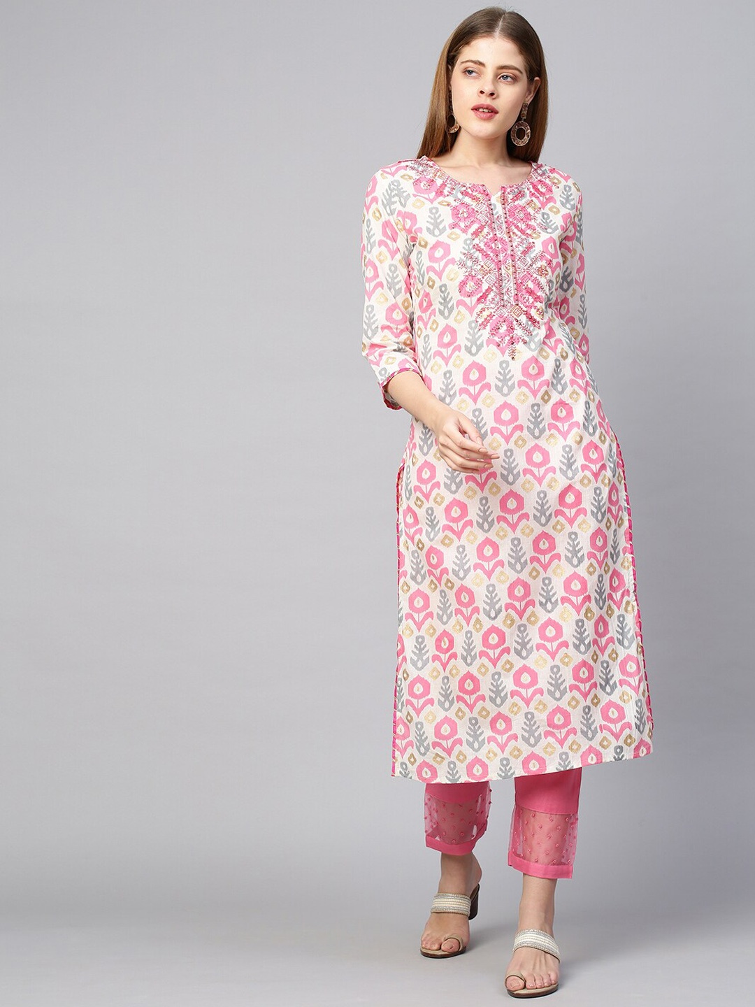FASHOR Women Off White & Pink Floral Printed Kurta