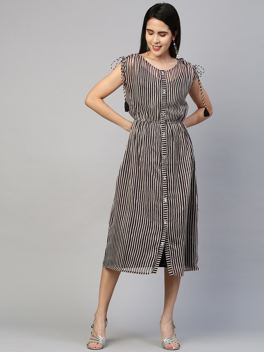 

FASHOR Black Striped Chiffon A-Line Dress