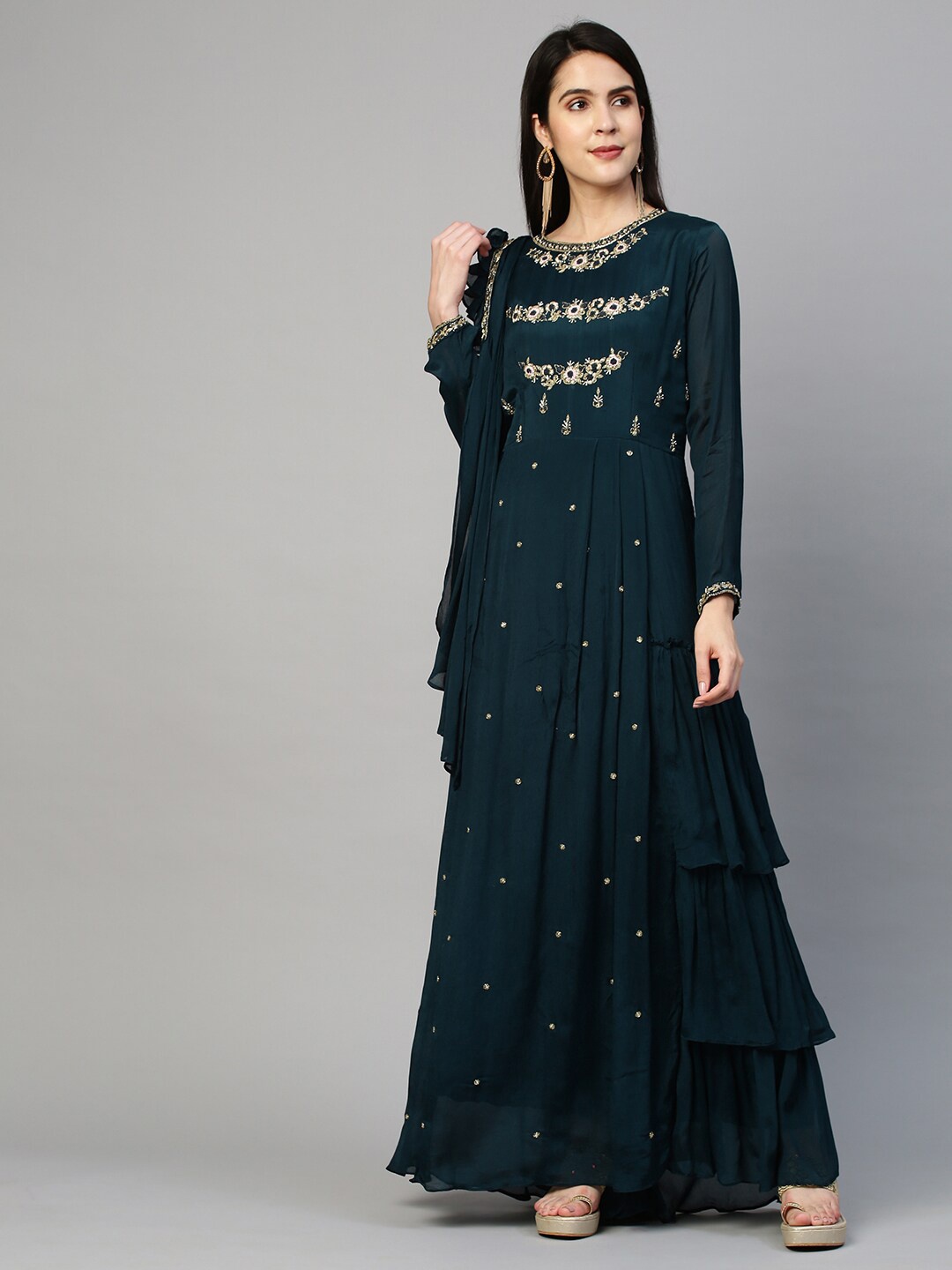 

FASHOR Teal Blue Hand Embroidered Maxi Gown Dress