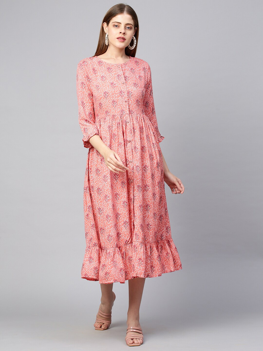 

FASHOR Peach-Coloured & White Floral Flounce A-Line Silk Midi Dress