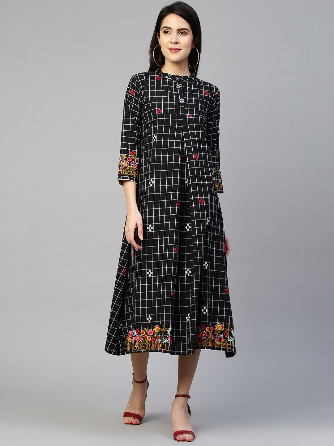 

FASHOR Black Checked A-Line Midi Dress