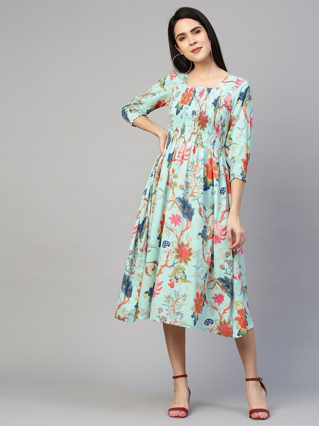 

FASHOR Blue & Pink Floral Printed Smocked A-Line Midi Dress