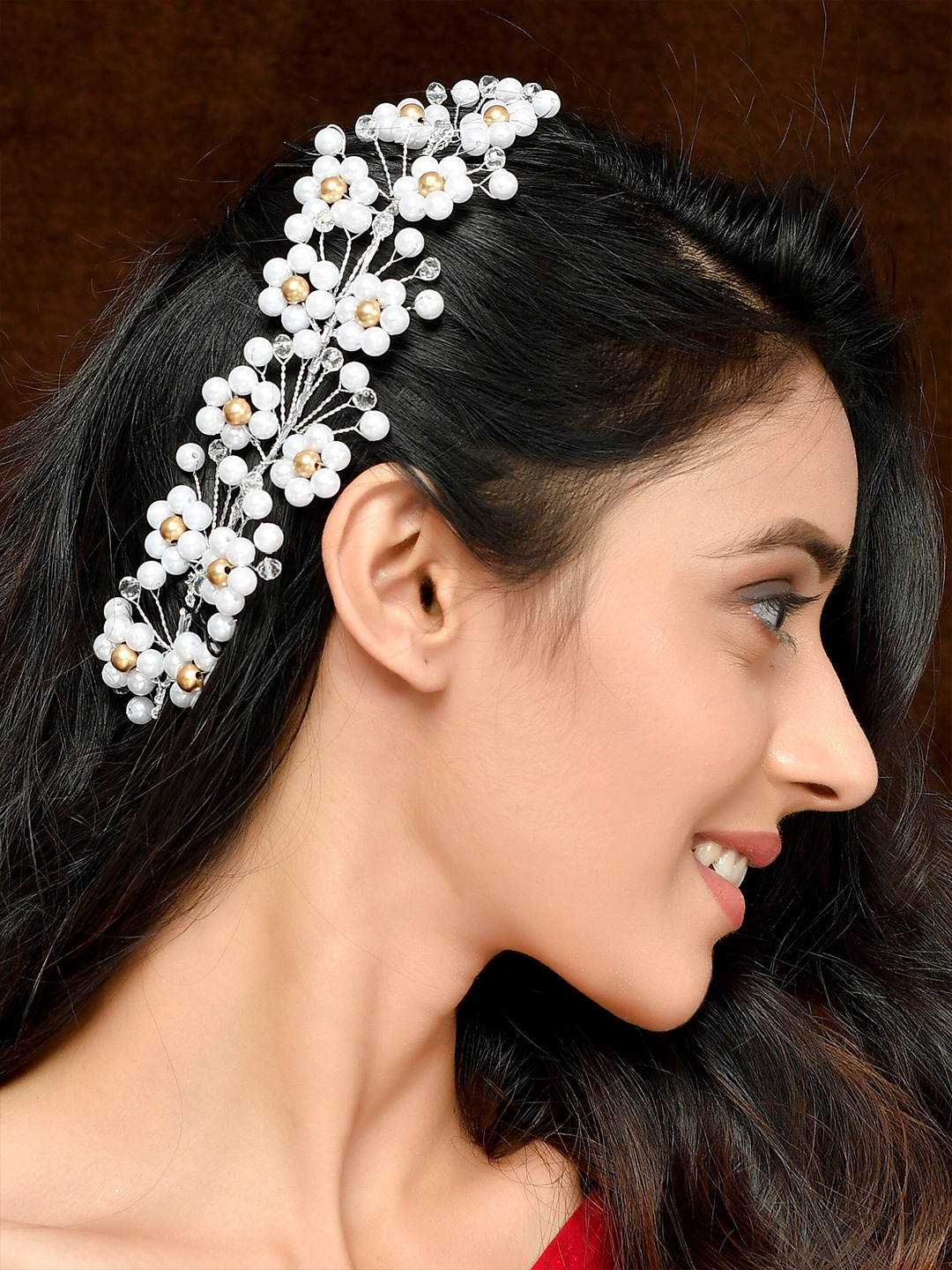 

Silvermerc Designs Women White & Gold-Toned Beaded Hair Accessory Set