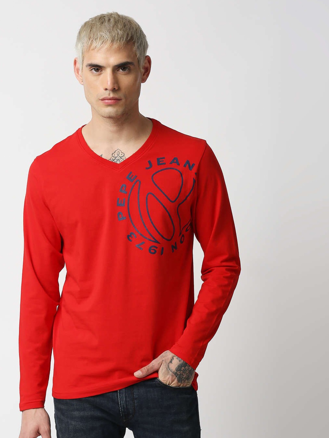 

Pepe Jeans Men Red Printed V-Neck Slim Fit T-shirt