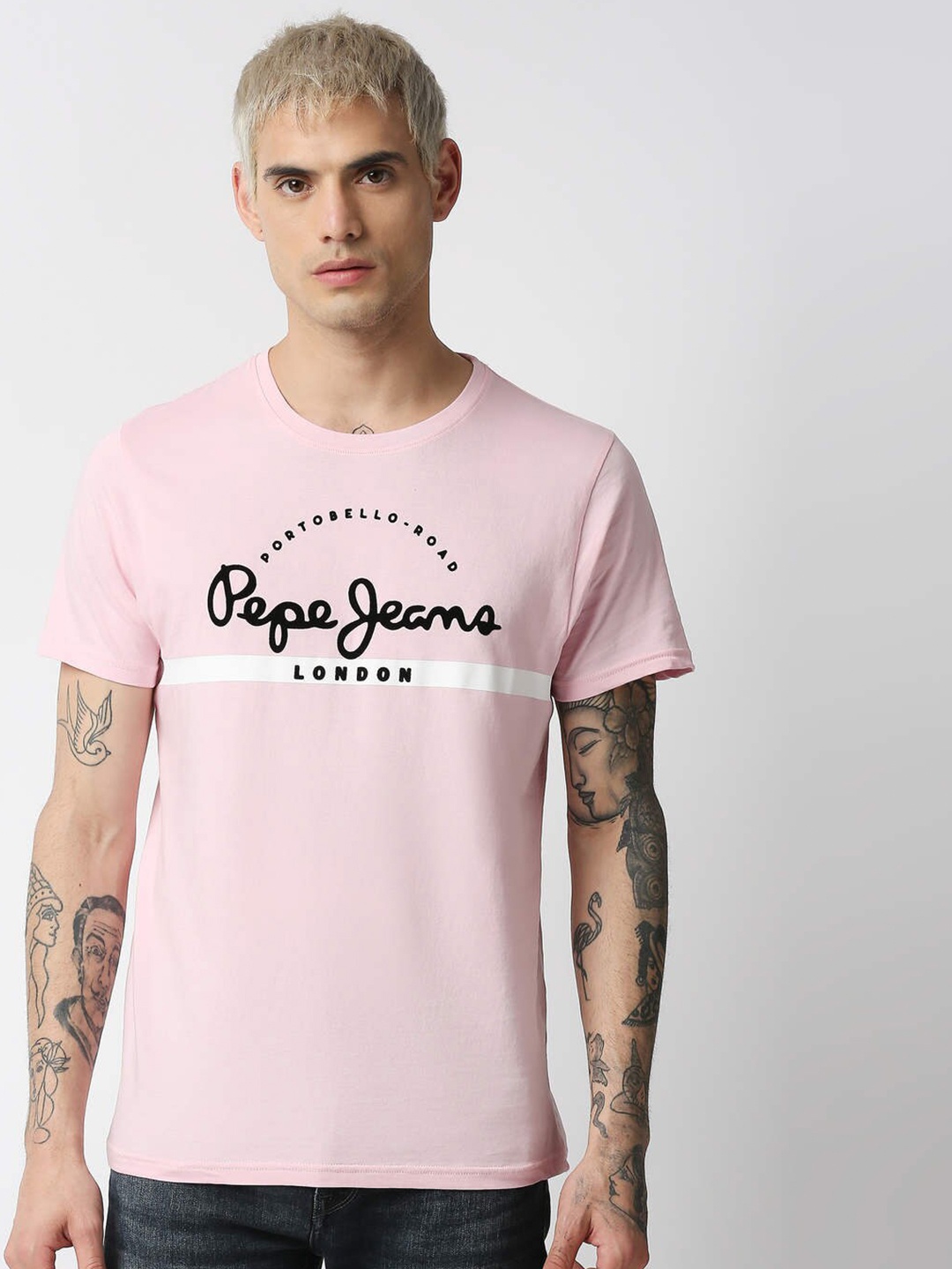 

Pepe Jeans Men Pink Typography Printed Slim Fit Cotton T-shirt