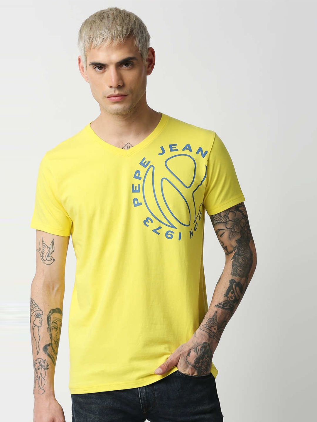 

Pepe Jeans Men Yellow Typography Printed V-Neck Slim Fit Cotton T-shirt