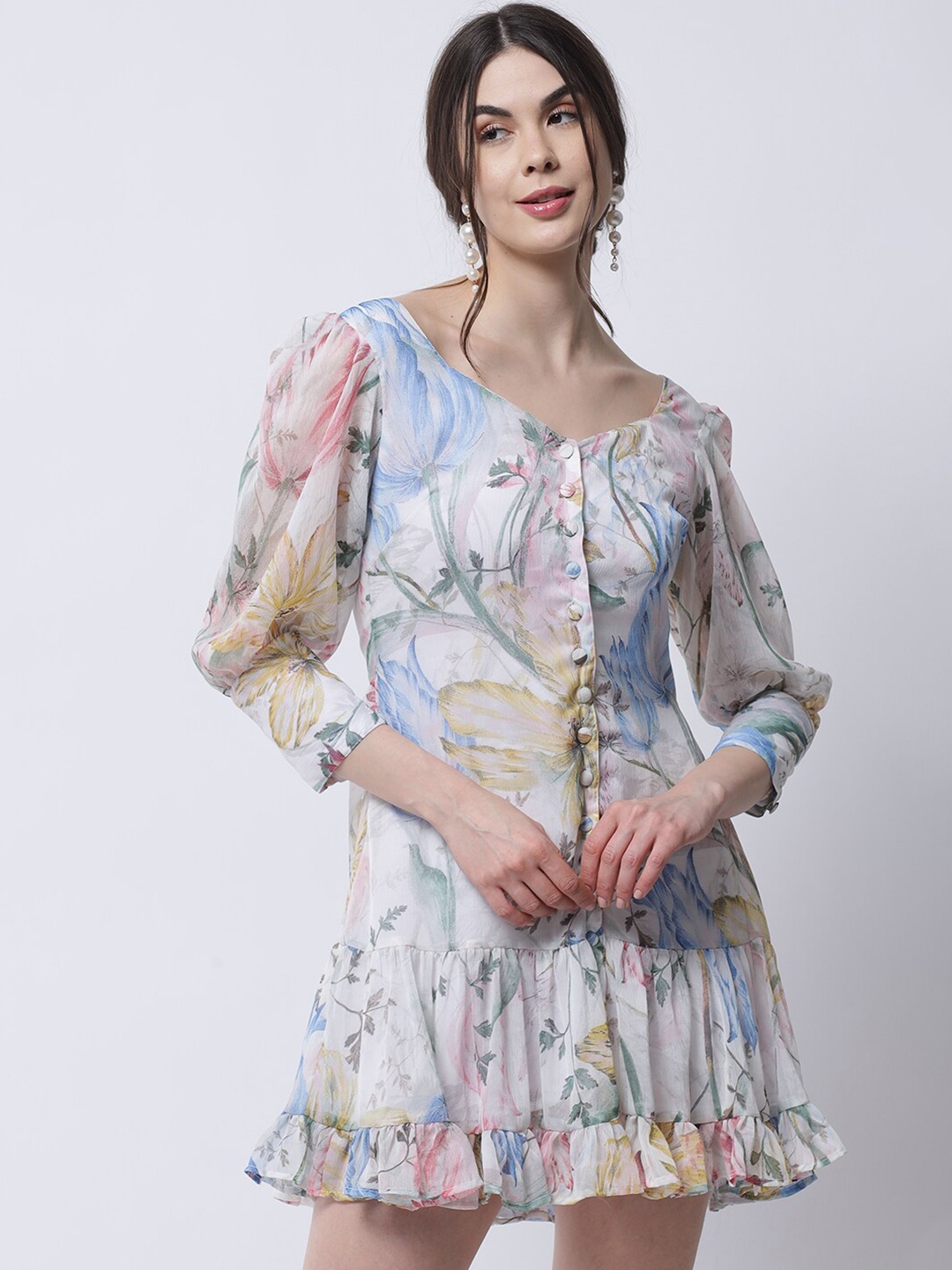 

MARC LOUIS White & Blue Floral Chiffon Dress