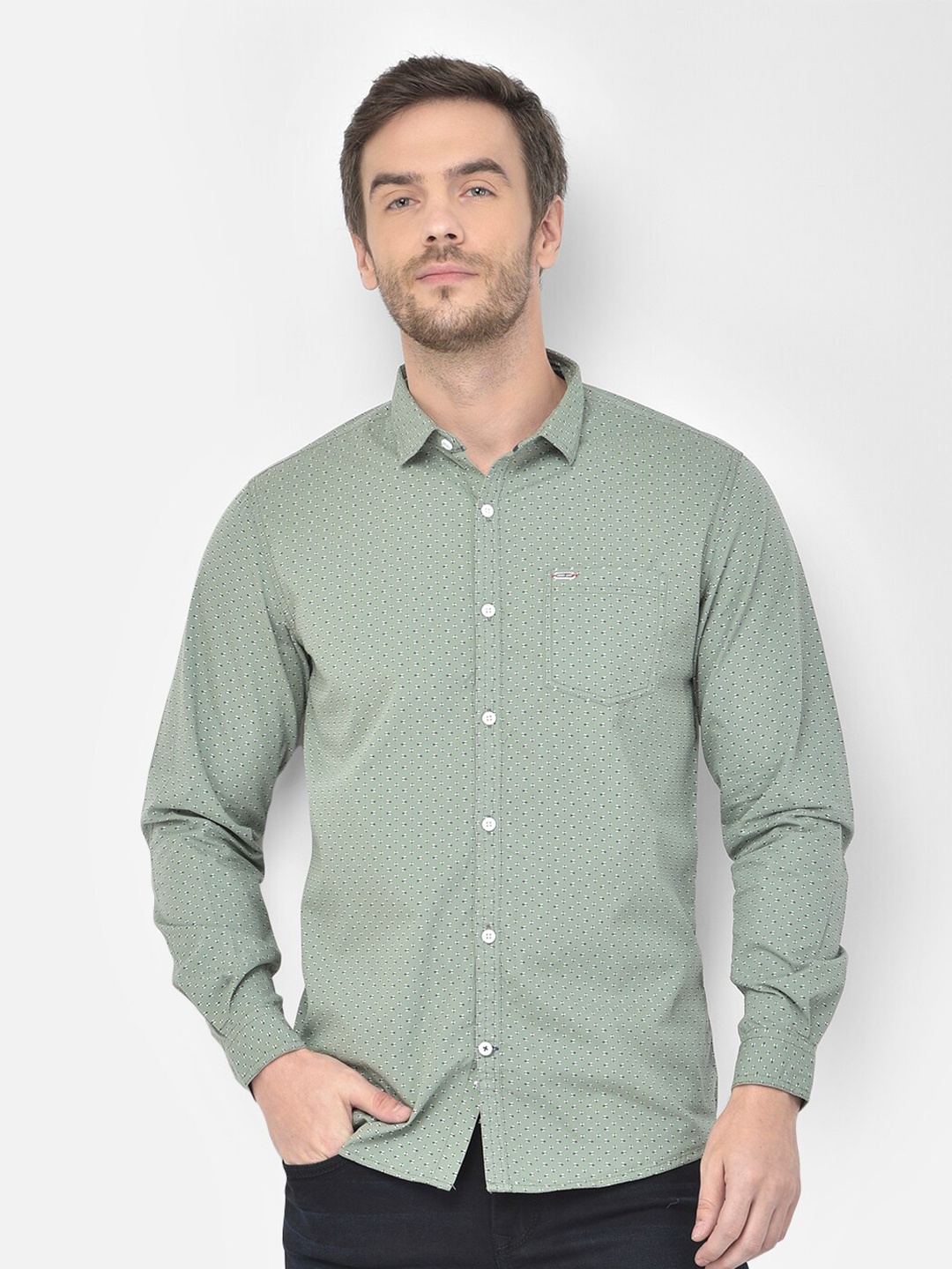 

Canary London Men Olive Green Smart Slim Fit Micro Printed Casual Shirt