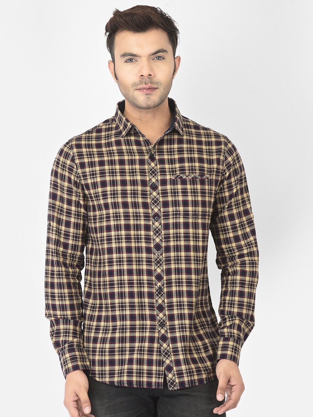 

Canary London Men Cream-Coloured Smart Slim Fit Checked Casual Shirt