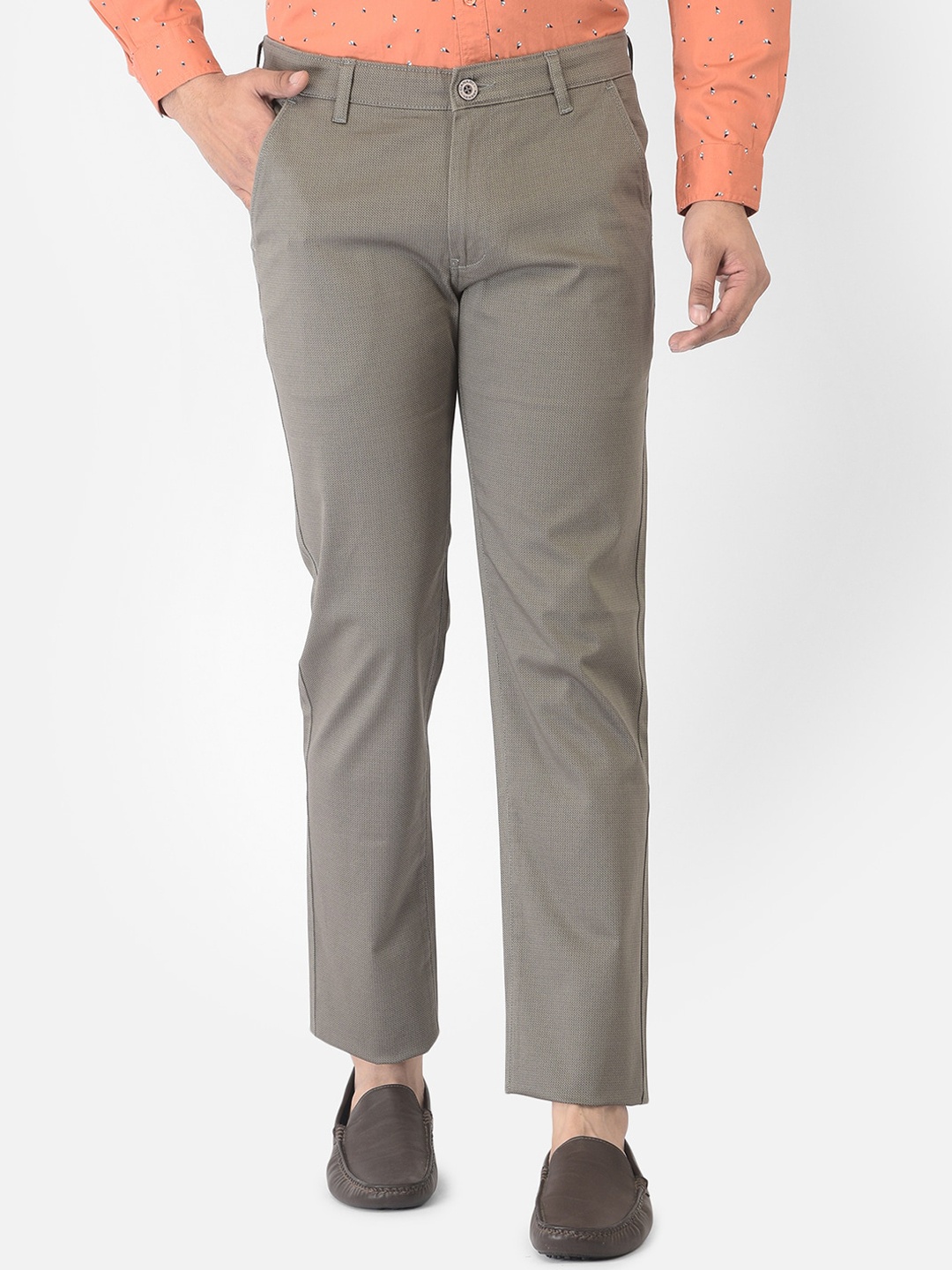 

Canary London Men Taupe Textured Printed Smart Slim Fit Wrinkle Free Trousers