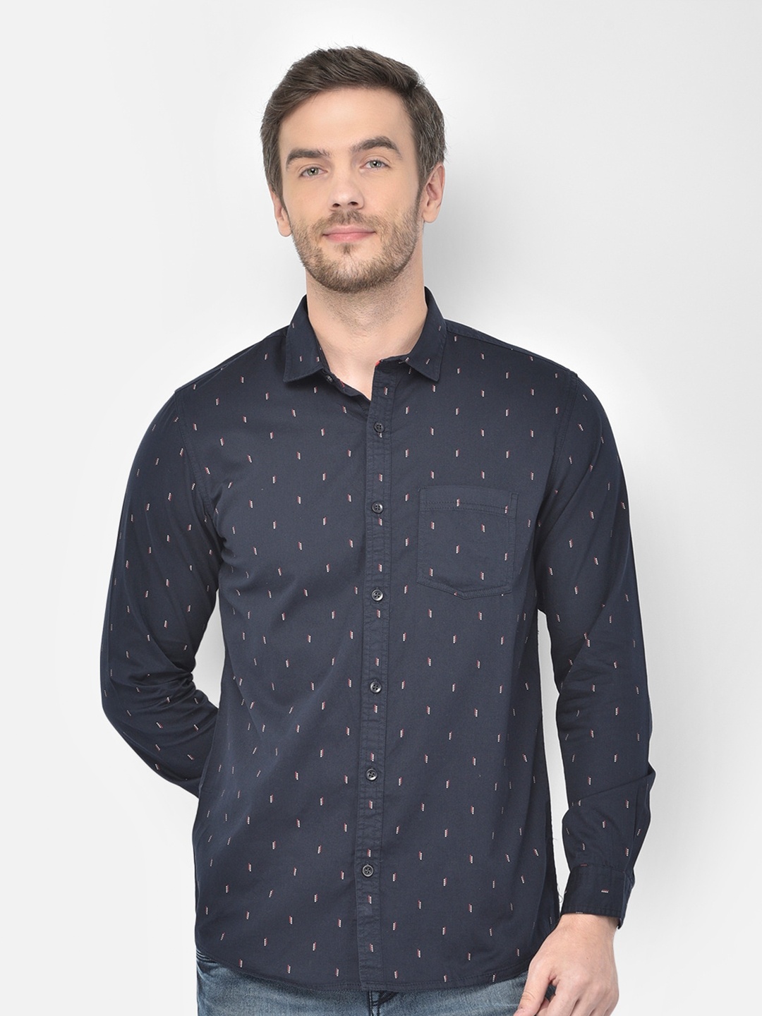 

Canary London Men Navy Blue Smart Slim Fit Micro Ditsy Printed Cotton Casual Shirt