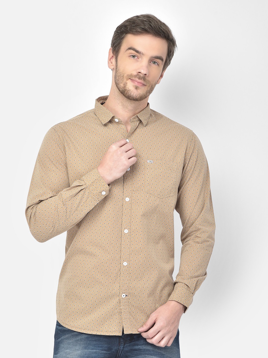 

Canary London Men Khaki Smart Slim Fit Printed Cotton Casual Shirt