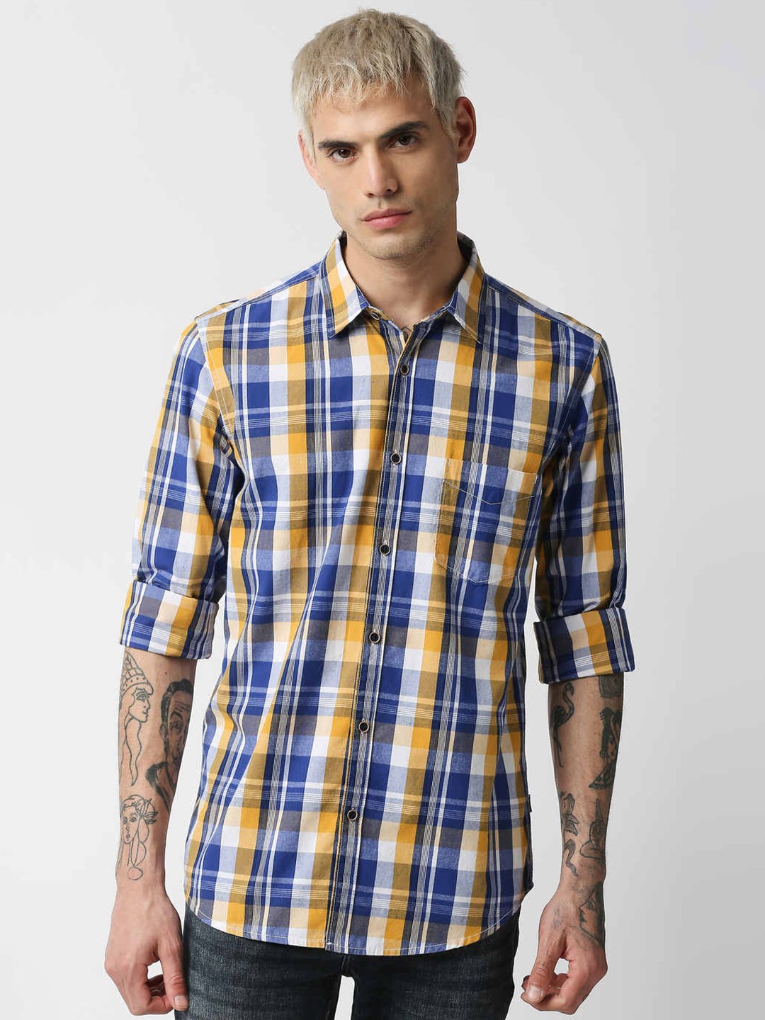 

Pepe Jeans Men Yellow & Blue Checked Cotton Casual Shirt