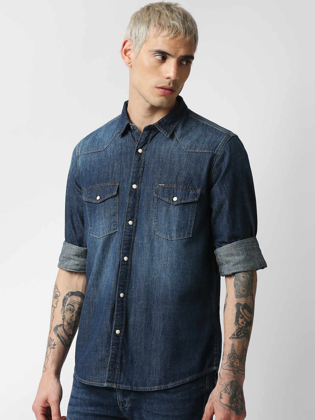 

Pepe Jeans Men Blue Faded Regular Fit Cotton Casual Denim Shirt