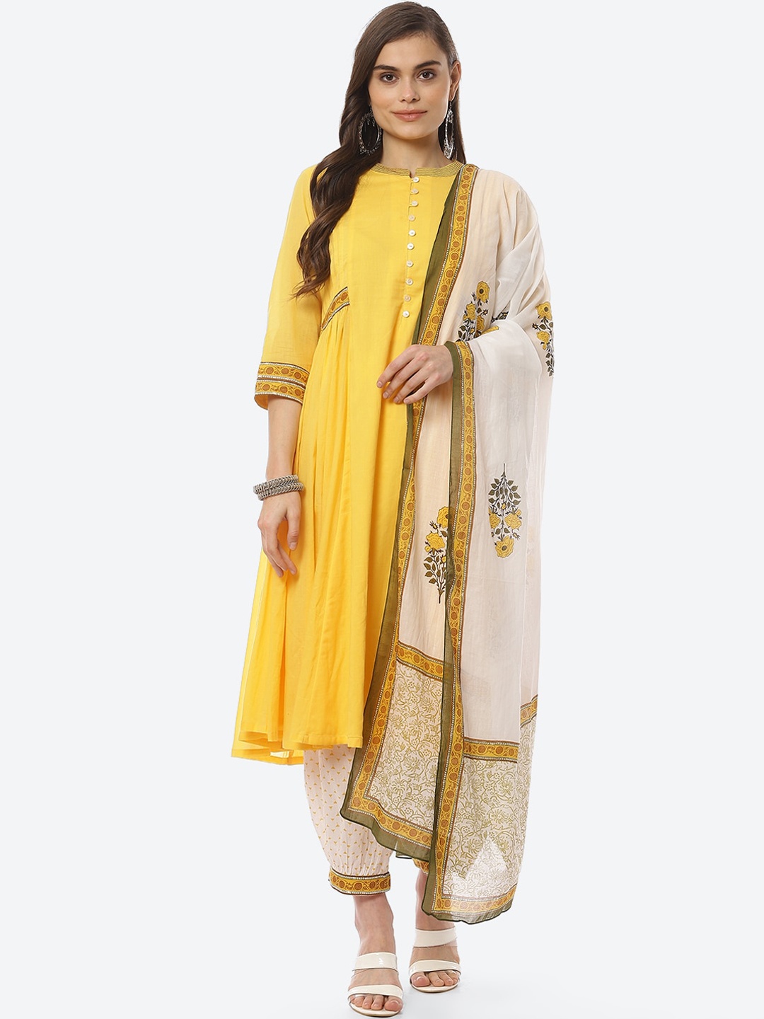 

Biba Women Yellow Ethnic Motifs Pleated Kurta with Salwar & Dupatta