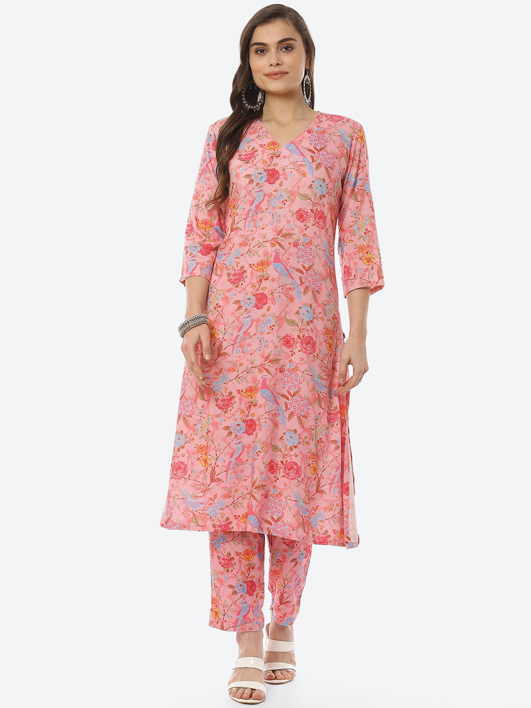 

Biba Women Pink Floral Printed Kurta with Trousers