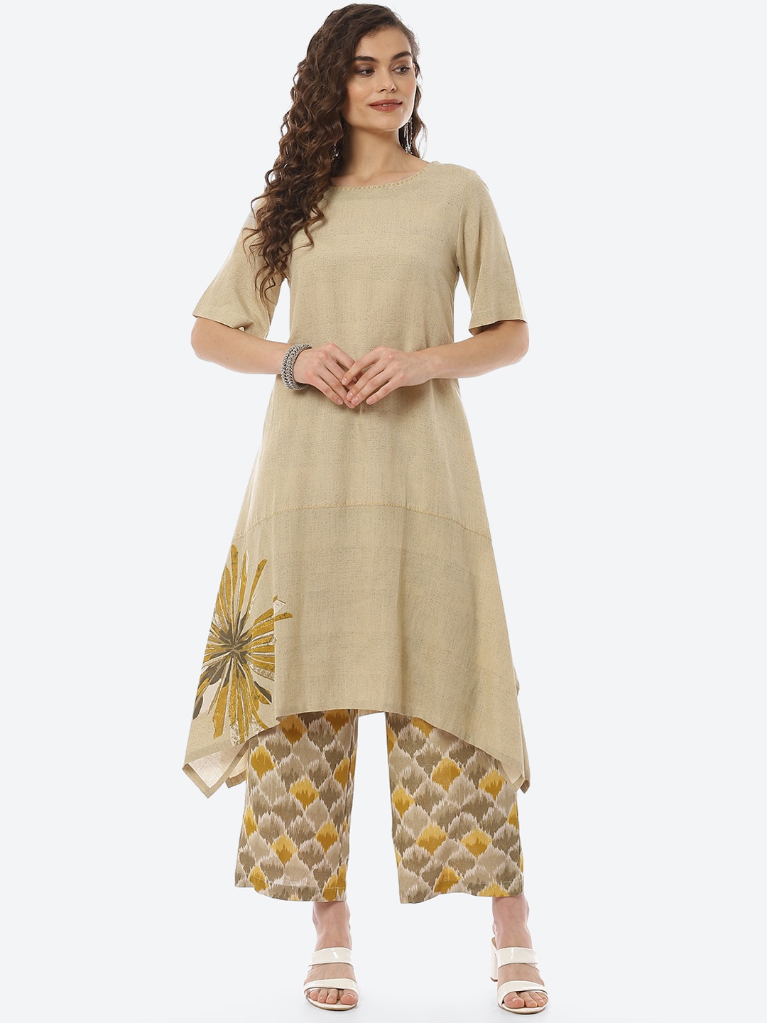 

Biba Women Beige Printed Kurta with Palazzos