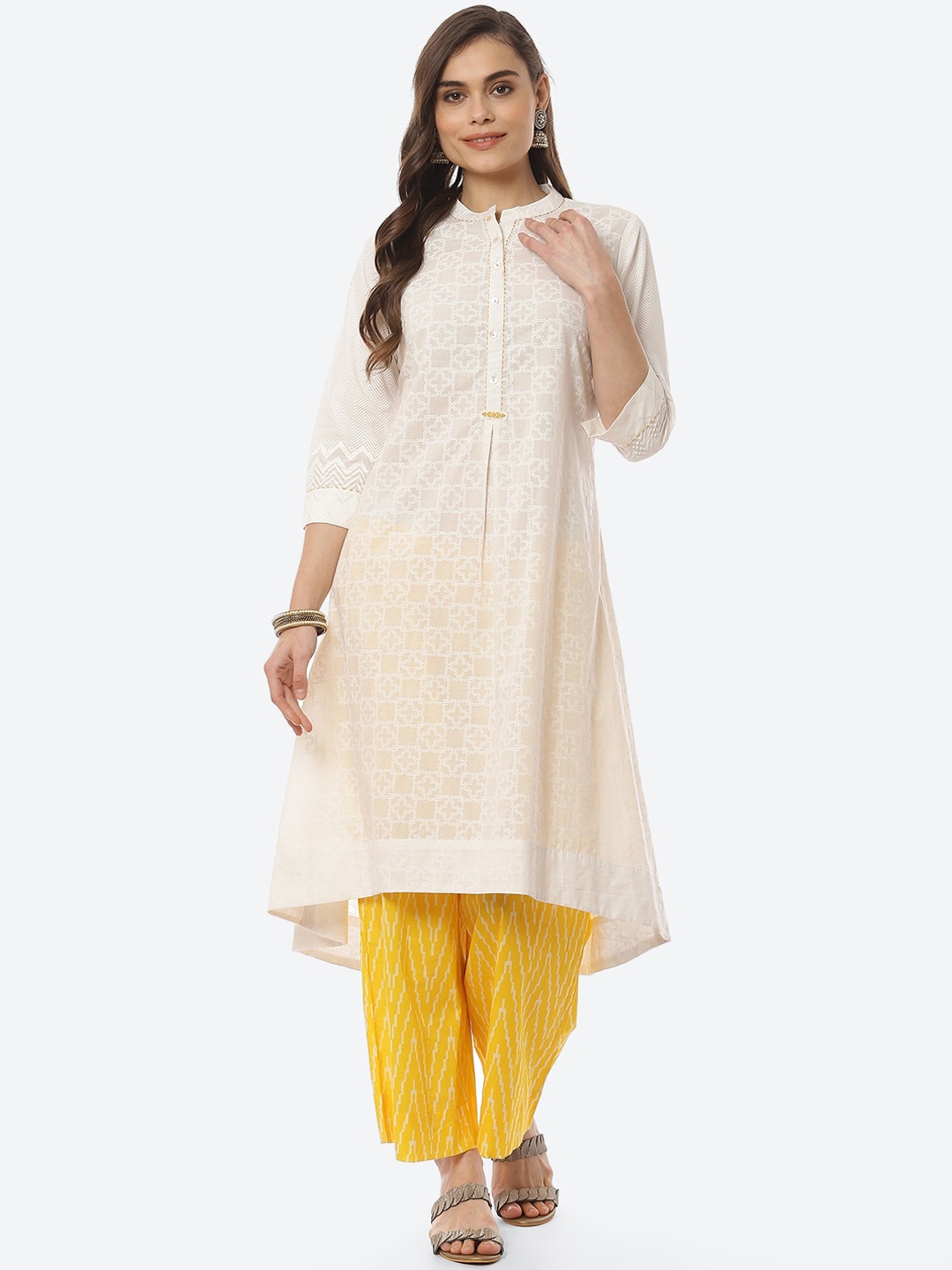 

Biba Women Plus Size White Layered Pure Cotton Kurta With Palazzo