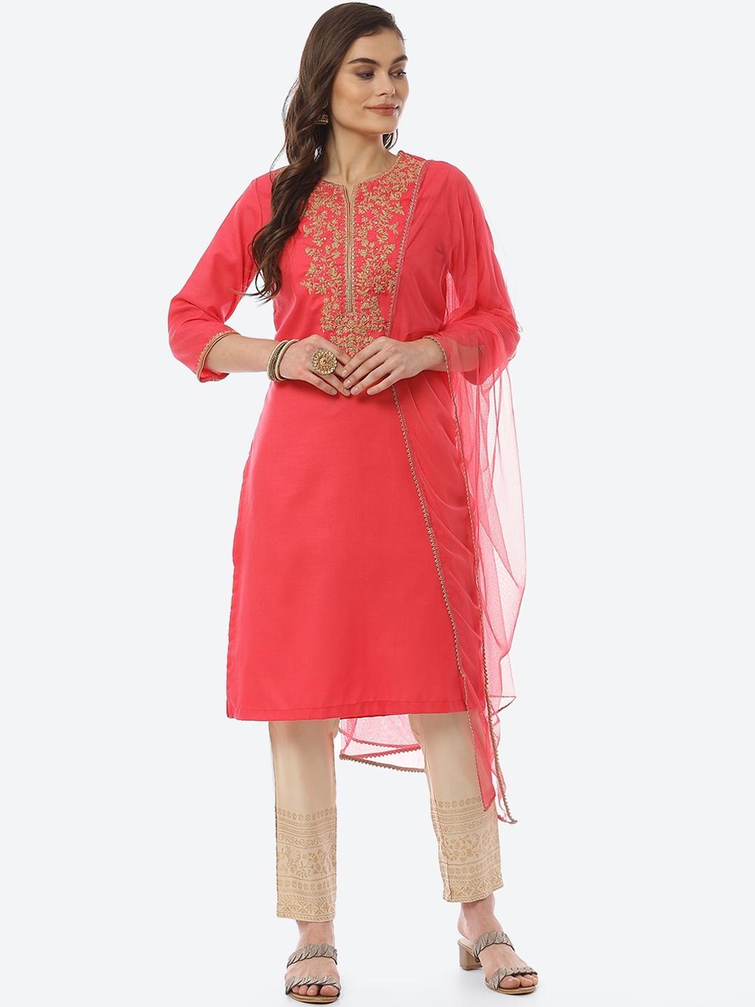 

Biba Women Fuchsia Ethnic Motifs Yoke Design Pure Cotton Kurta with Trousers & With Dupatta