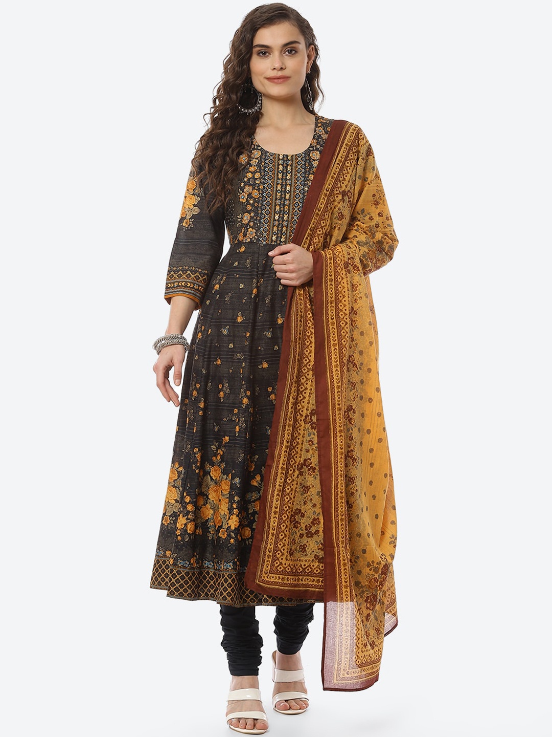 

Biba Women Black Ethnic Motifs Printed Layered Kurta with Churidar & With Dupatta