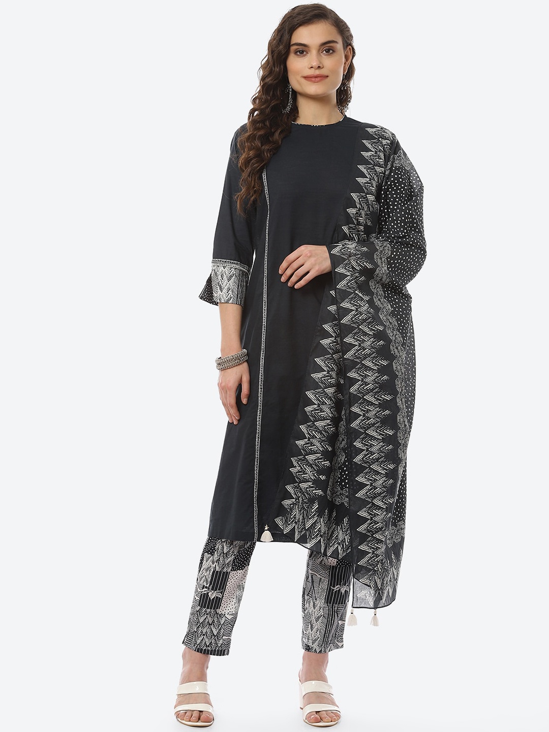 

Biba Women Black Ethnic Motifs Panelled Pure Cotton Kurta with Trousers & Dupatta