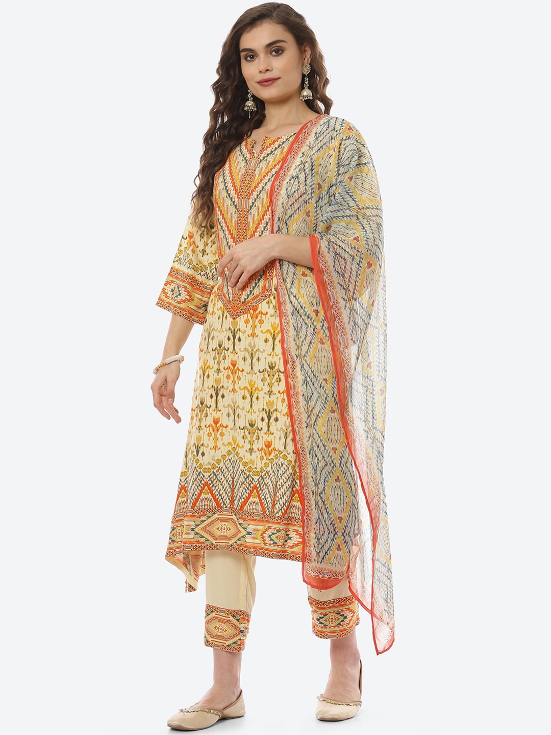 

Biba Women Yellow Printed Kurta with Trousers & With Dupatta