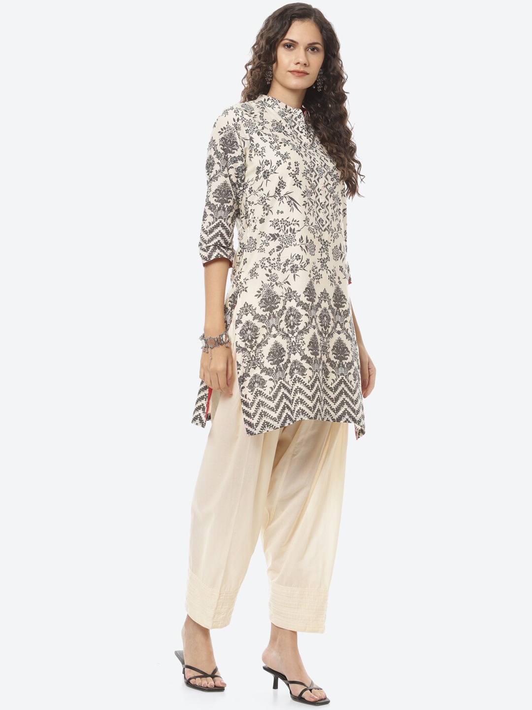 

Biba Women Off White Floral Printed Pure Cotton Kurti with Salwar & With Dupatta