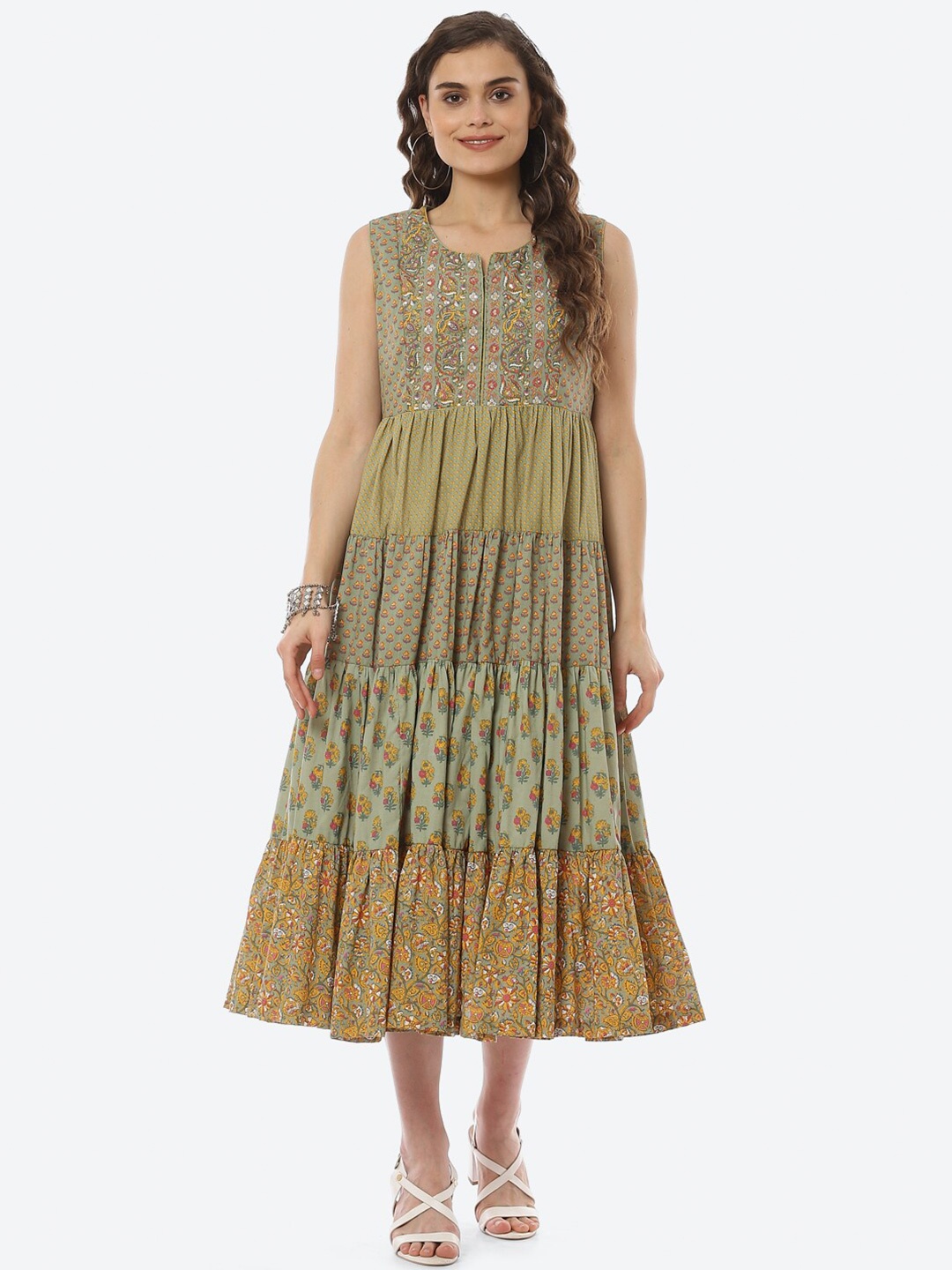 

Biba Women Green Ethnic Motifs Midi Dress