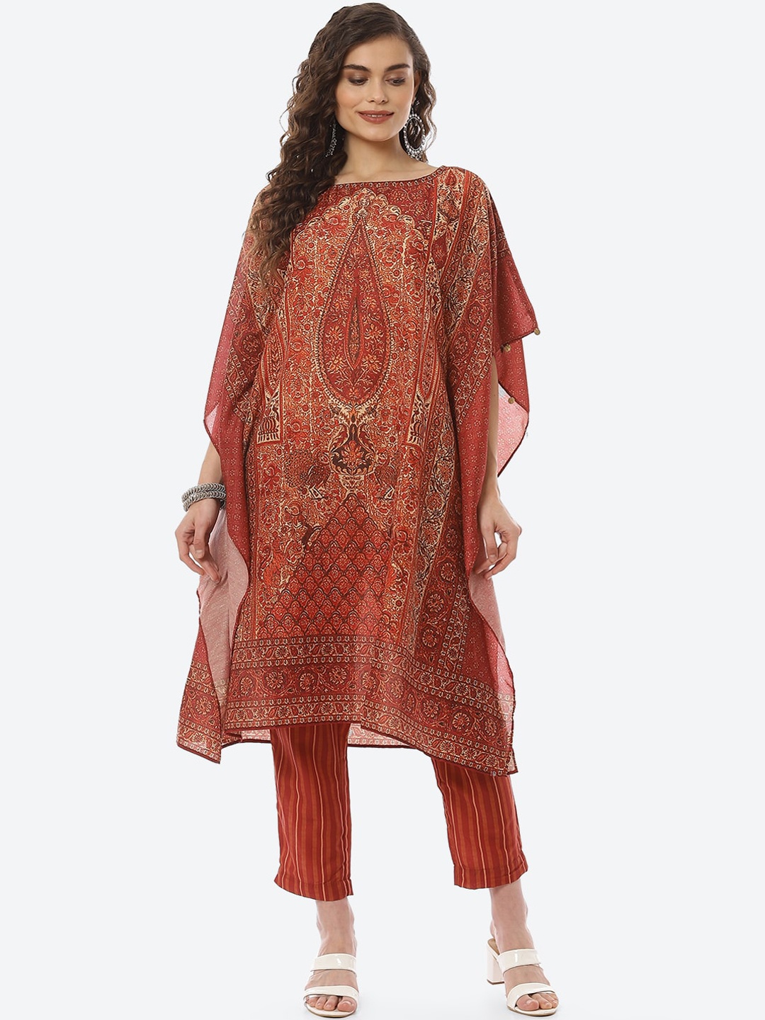 

Biba Women Brown Ethnic Motifs Printed Kaftan Kurta with Trousers