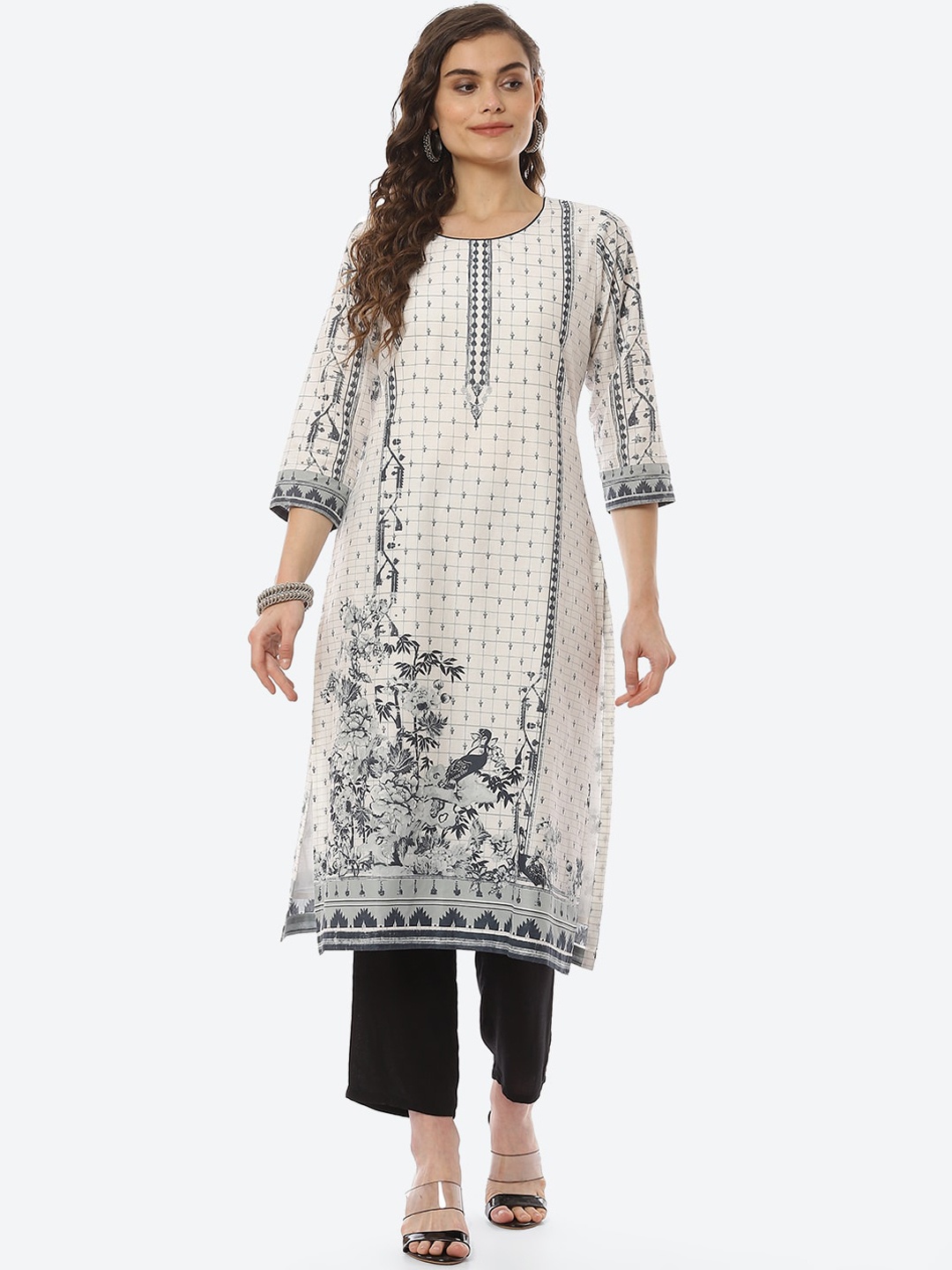 

Biba Women White & Blue Ethnic Motifs Printed Kurta