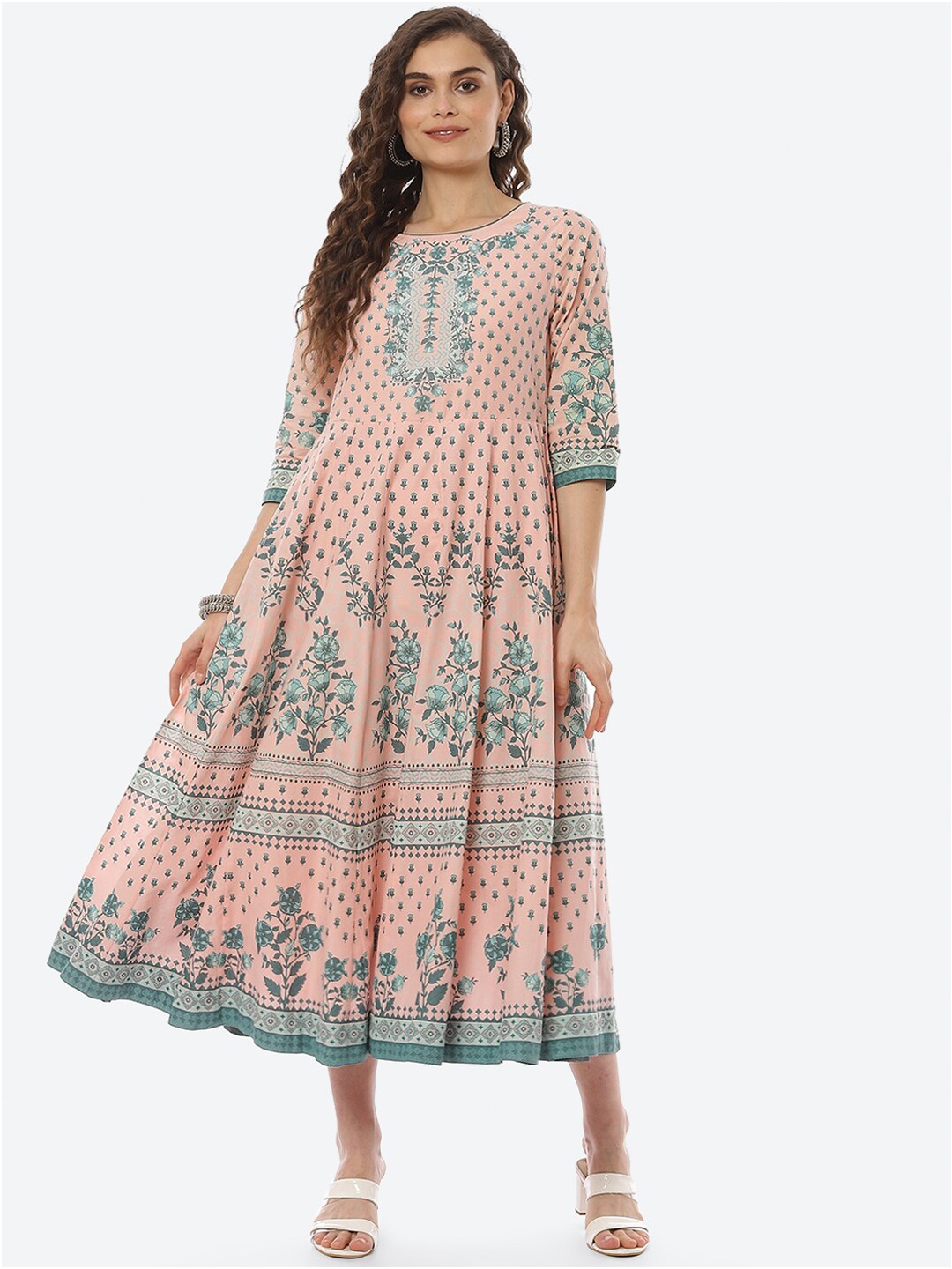 

Biba Peach-Coloured Ethnic Motifs Ethnic Midi Dress