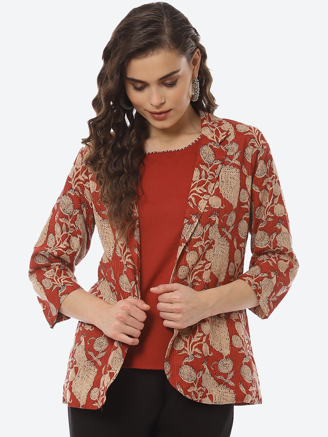 

Biba Women Rust Beige Floral Longline Open Front Jacket
