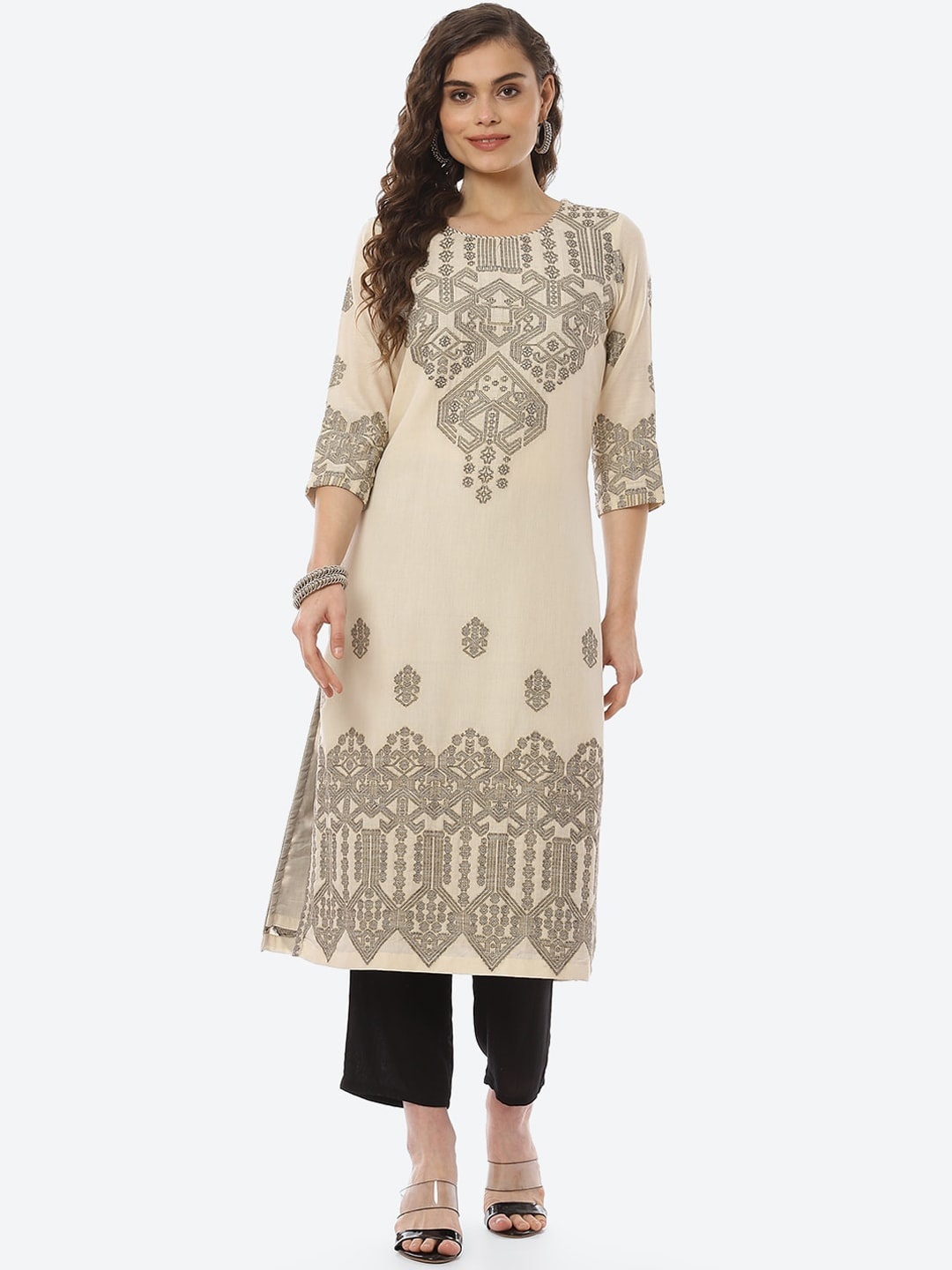 

Biba Women Beige & Black Ethnic Motifs Printed A-line Kurta