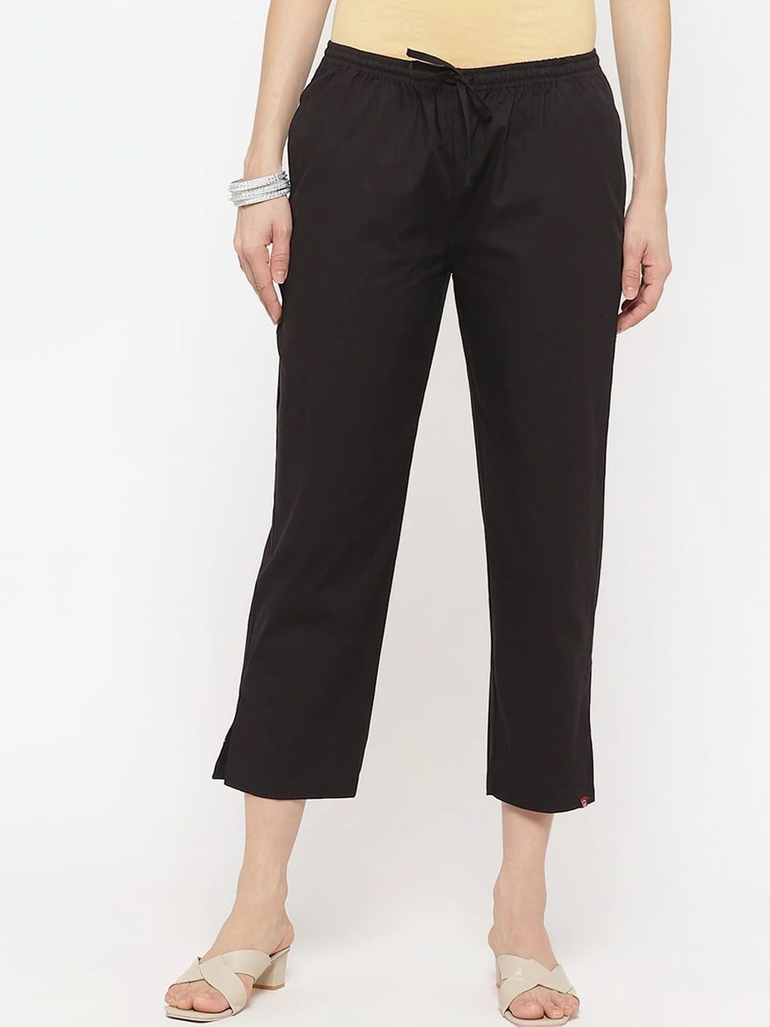 

Biba Women Black Straight Fit Cotton Trousers