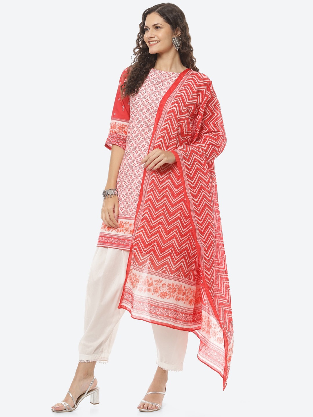 

Biba Women Red Ethnic Motifs Printed Pure Cotton Kurta with Trousers & With Dupatta