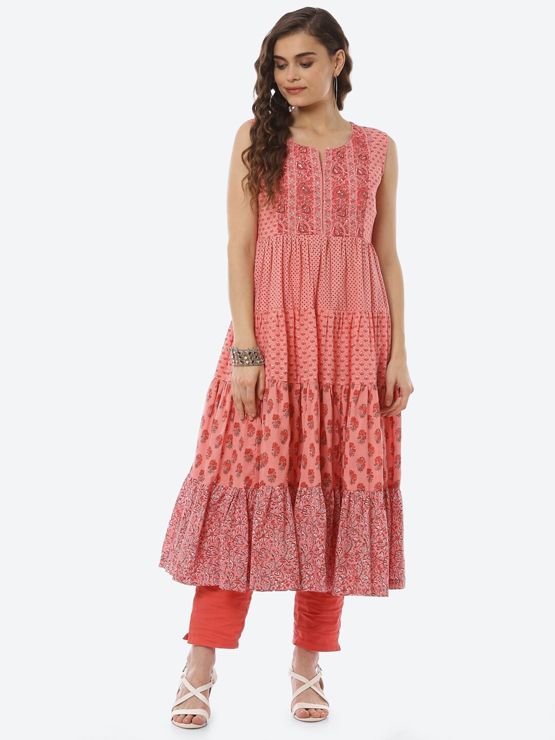 

Biba Pink & White Ethnic Motifs Printed Tiered Cotton Midi Dress